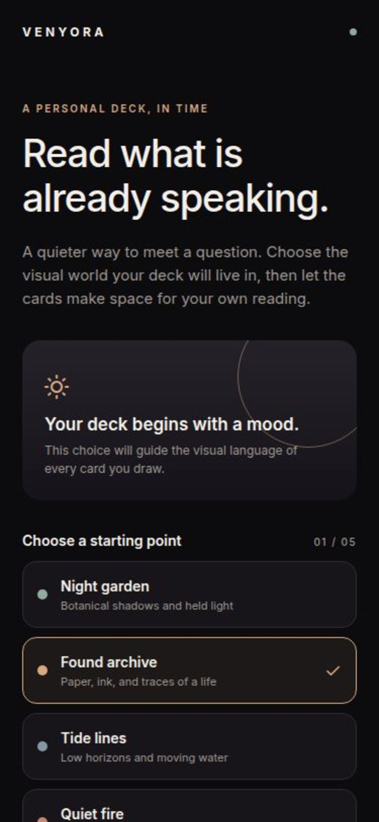 Venyora home screen showing visual world choices