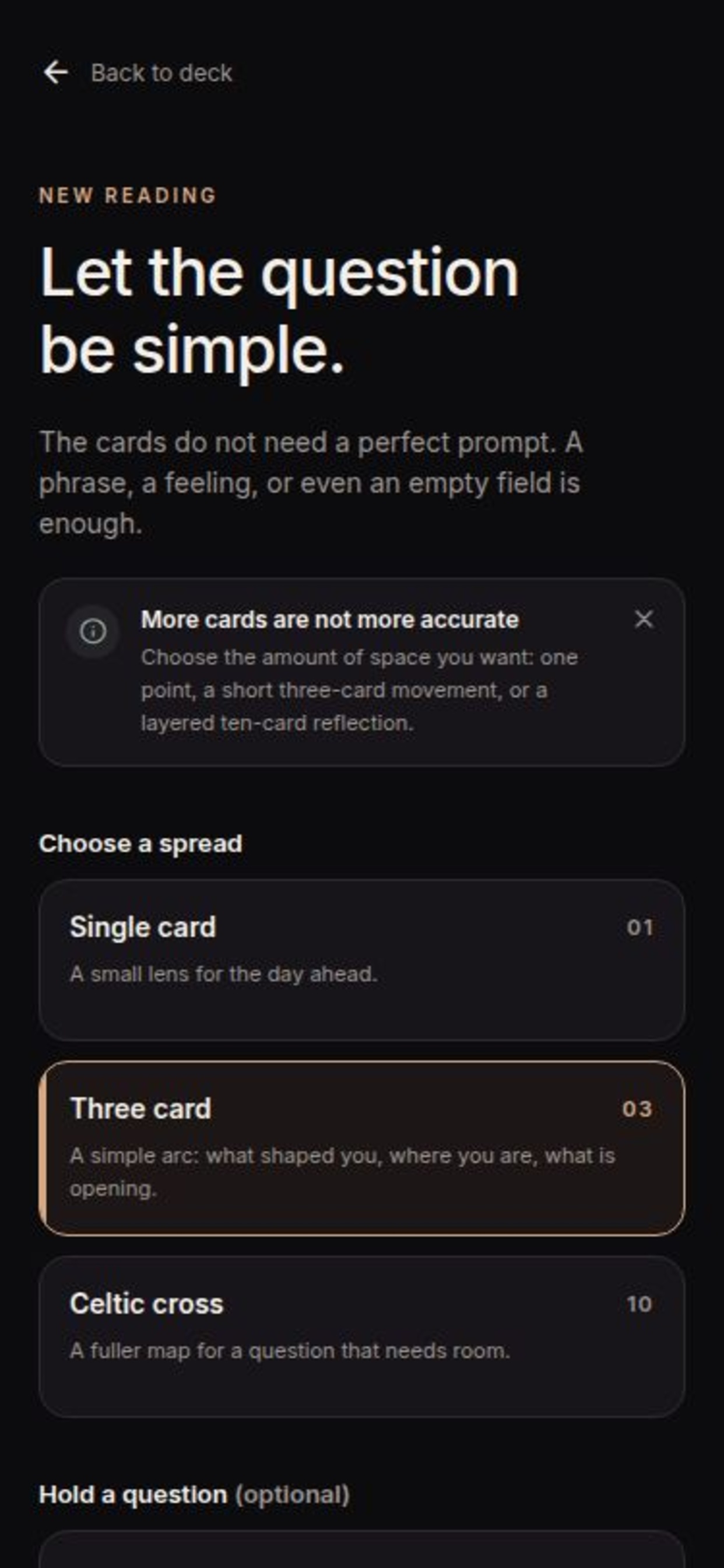 Screen showing reading spread choices