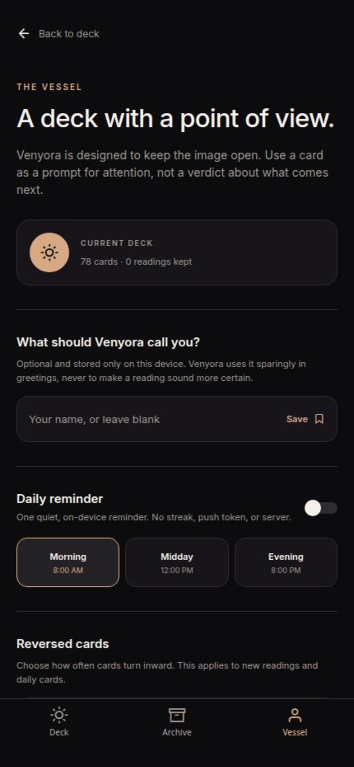 Venyora privacy and vessel settings screen