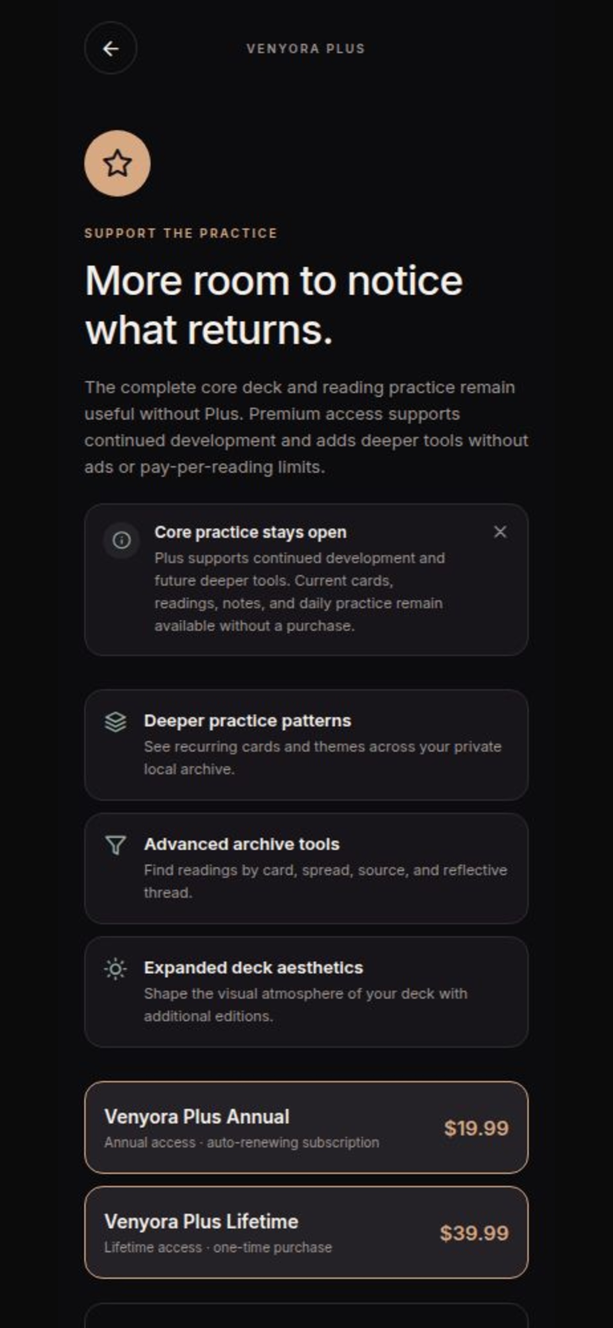 Venyora Plus purchase screen showing features and options